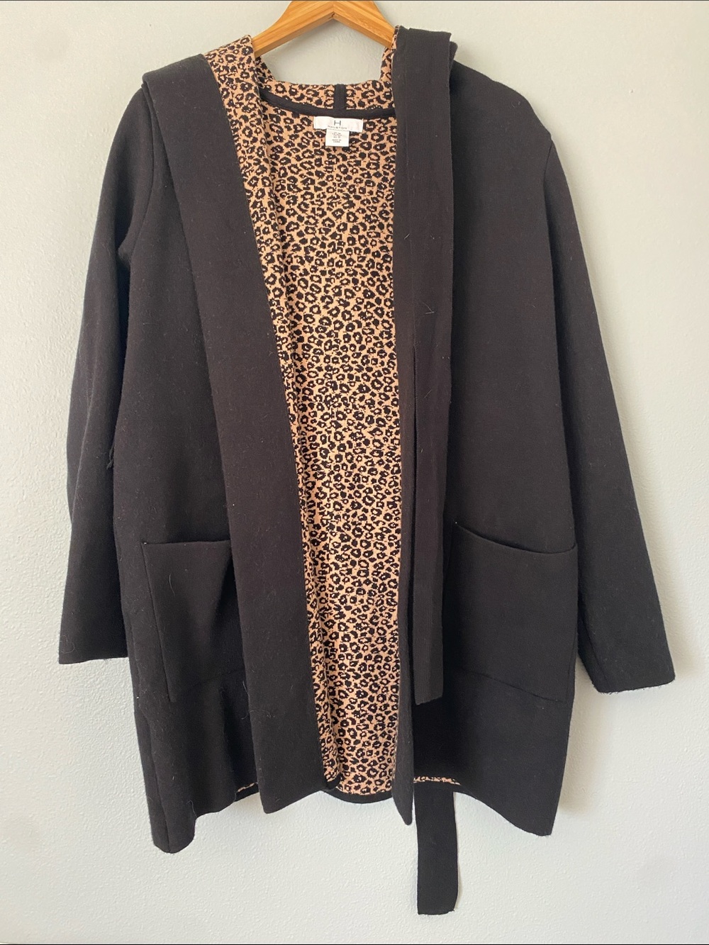 Halston Heritage Leopard Jacquard Hooded Cardigan in Black & Tan
